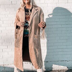 Tan Fringe Longline Duster Jacket